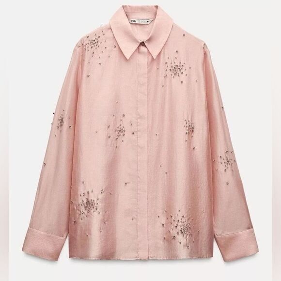 NWT ZARA EMBROIDERED JEWEL SHIRT ZW COLLECTION light pink - Picture 2 of 10